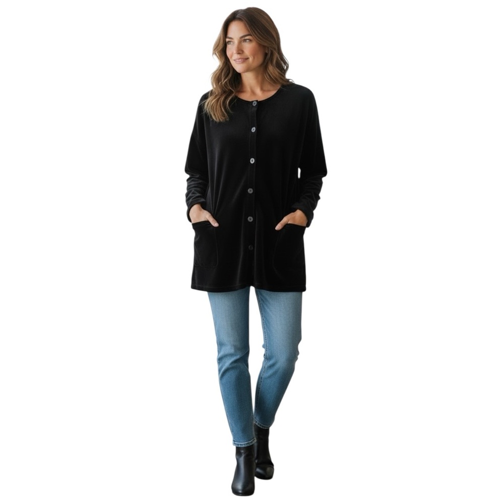 Liz & Co. Vintage Black Button Front Velvet Cardigan with Pockets size Small